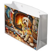 Cockapoo zit bij open haard met kerstlicht groot cadeauzakje (Achterkant Gekanteld)