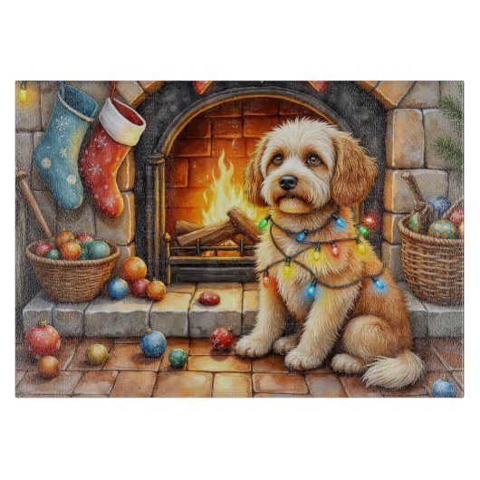 Cockapoo zit bij open haard met kerstlicht snijplank (Voorkant)