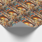 Cockapoo zittend bij open haard met kerstlicht cadeaupapier (Hoek)