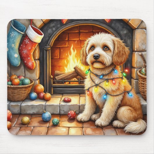 Cockapoo zittend bij open haard met kerstlicht muismat (Voorkant)