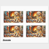 Cockapoo zittend bij open haard met kerstlicht rechthoekige sticker (Vel)