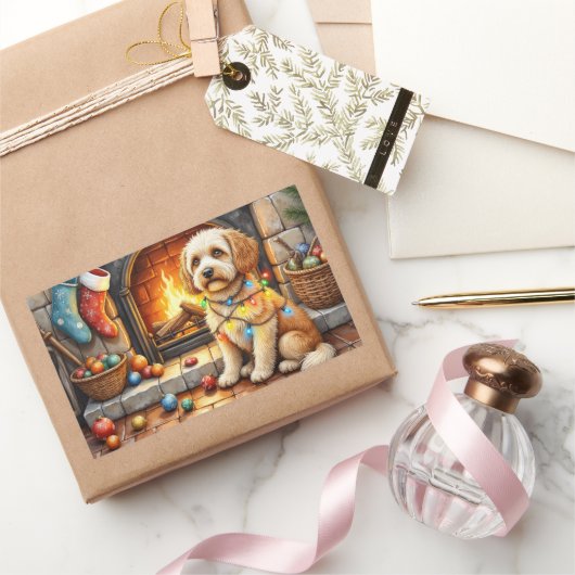 Cockapoo zittend bij open haard met kerstlicht rechthoekige sticker (Geschenken)