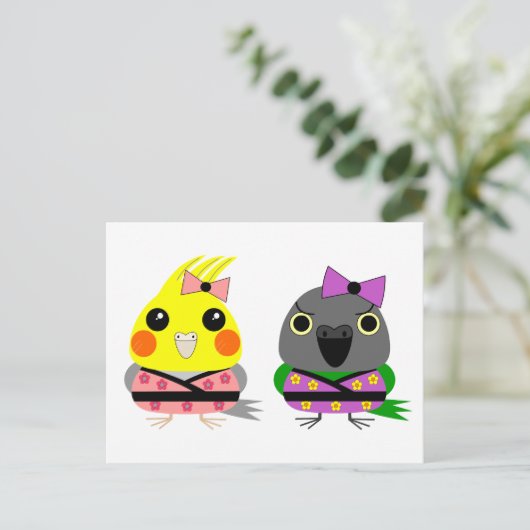 Cockatiel en Senegal Parrot in Kimonos Briefkaart (Staand voorkant)