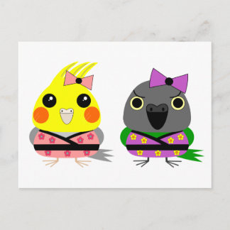 Cockatiel en Senegal Parrot in Kimonos Briefkaart