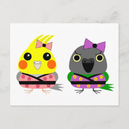 Cockatiel en Senegal Parrot in Kimonos Briefkaart
