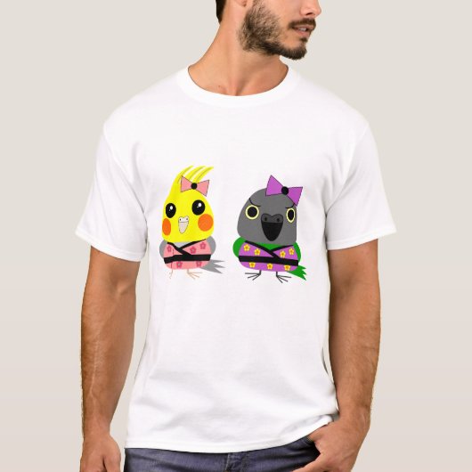Cockatiel en Senegal Parrot in Kimonos T-shirt (Voorkant)