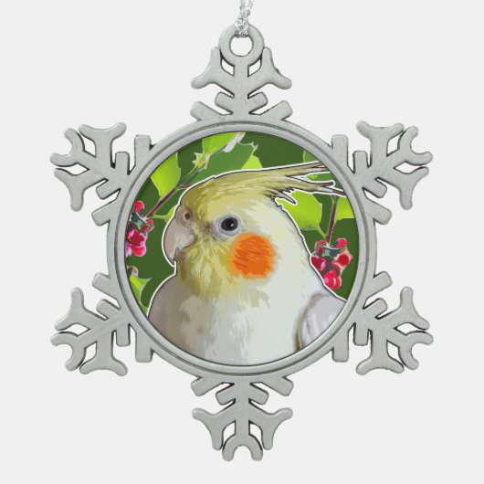 Cockatiel met groene holleien en rode bessen tin sneeuwvlok ornament (Voorkant)