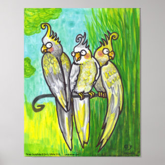 Cockatiels 3 Cartoon Vogels met lage kunstdruk voo Poster