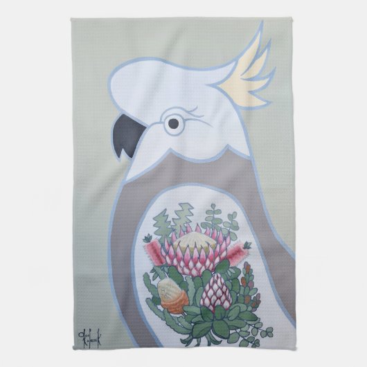 Cockato met King Protea Tattoo Tea Towel Theedoek (Verticaal)