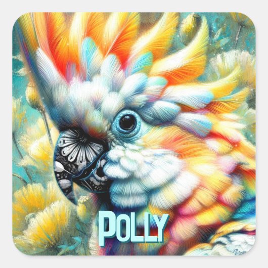 Cockatoo Bird Yellow Poppies Personalized Vierkante Sticker (Voorkant)