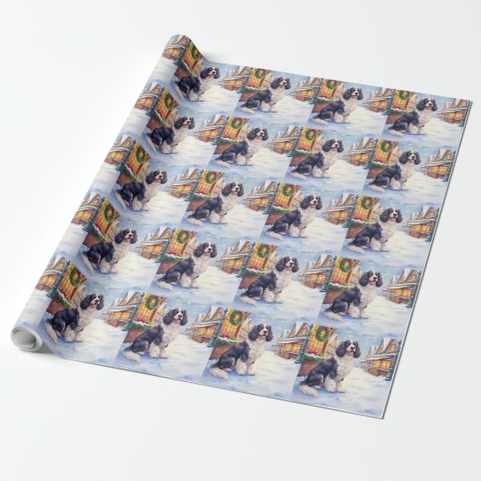 Cocker Spaniel Besneeuwd Dorp Kerst Kunst Cadeaupapier (Uitgerold)