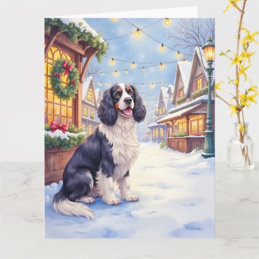 Cocker Spaniel Besneeuwd Dorps Christmas Kunst Kaart (Gele Bloem)