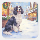 Cocker Spaniel Besneeuwd Dorps Christmas Kunst Vierkante Sticker (Voorkant)
