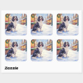 Cocker Spaniel Besneeuwd Dorps Christmas Kunst Vierkante Sticker (Vel)