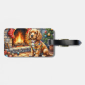 Cocker Spaniel bij de open haard met kerstverlicht Bagagelabel (Achterkant horizontaal)
