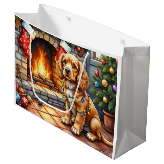 Cocker Spaniel bij de open haard met kerstverlicht Groot Cadeauzakje (Voorkant Gekanteld)