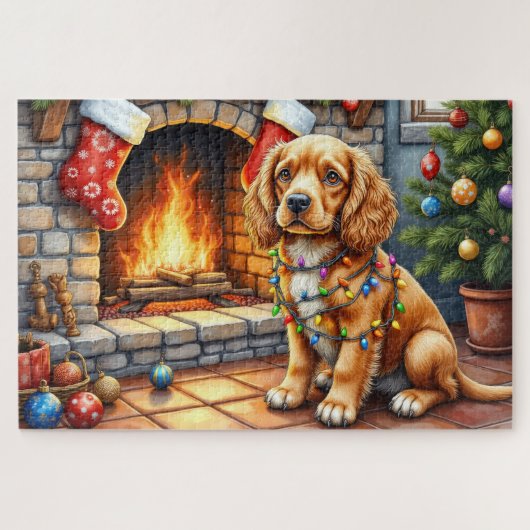 Cocker Spaniel bij de open haard met kerstverlicht Legpuzzel (Horizontaal)