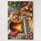 Cocker Spaniel bij de open haard met kerstverlicht Legpuzzel (Verticaal)