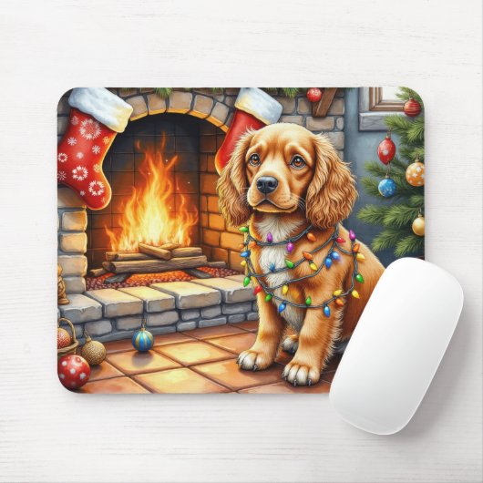 Cocker Spaniel bij de open haard met kerstverlicht Muismat (Met muis)