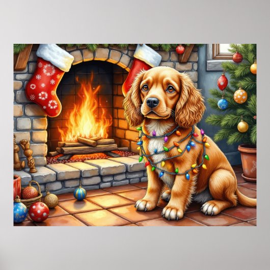 Cocker Spaniel bij de open haard met kerstverlicht Poster (Voorkant)