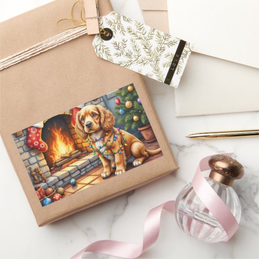 Cocker Spaniel bij de open haard met kerstverlicht Rechthoekige Sticker (Geschenken)