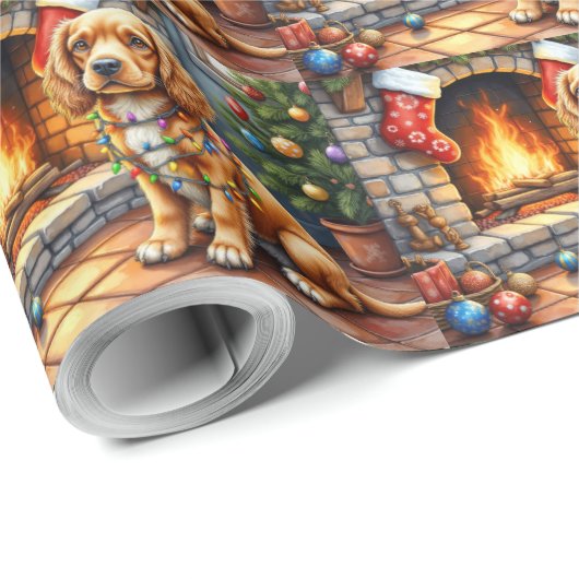 Cocker Spaniel by Fireplace with Christmas Lights Cadeaupapier (Rol Hoek)