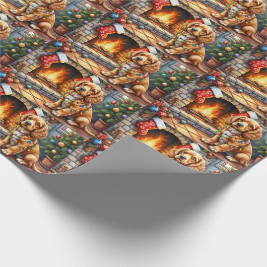 Cocker Spaniel by Fireplace with Christmas Lights Cadeaupapier (Hoek)