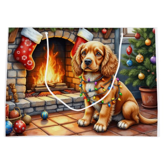 Cocker Spaniel by Fireplace with Christmas Lights Groot Cadeauzakje (Voorkant)