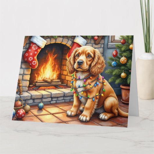 Cocker Spaniel by Fireplace with Christmas Lights Kaart (Voorkant)