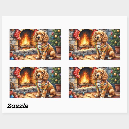Cocker Spaniel by Fireplace with Christmas Lights Rechthoekige Sticker (Vel)