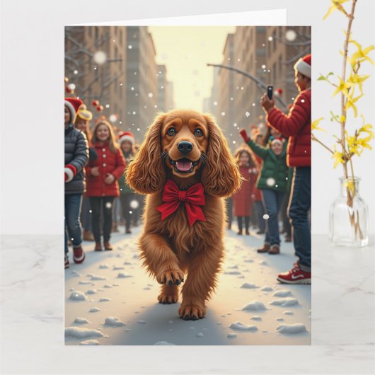 Cocker Spaniel Christmas Parade Holiday Painting Kaart (Gele Bloem)