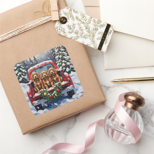 Cocker Spaniel Christmas Red Truck Holiday Vierkante Sticker (Geschenken)