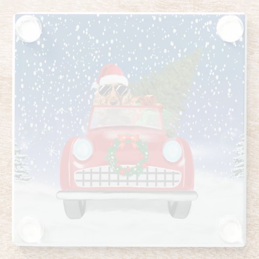 Cocker Spaniel Dog-auto rijden met sneeuwkerst Glazen Onderzetter (Achterkant)