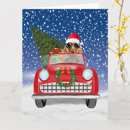 Cocker Spaniel Dog-auto rijden met sneeuwkerst Kaart (Gele Bloem)