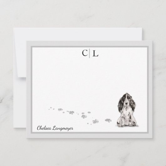 Cocker Spaniel Dog Gray Border Monogram Jouw naam Notitiekaartje (Voorkant)