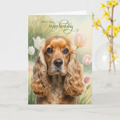 Cocker Spaniel Dog in a Tulip Garden Birthday Kaart (Gele Bloem)