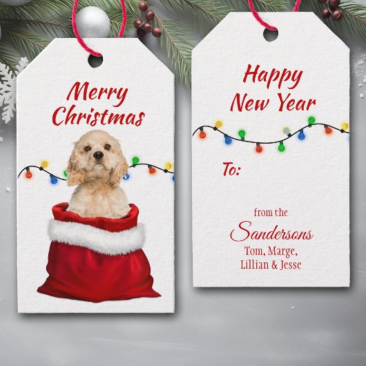 Cocker Spaniel Dog in Santa Bag Cadeaulabel