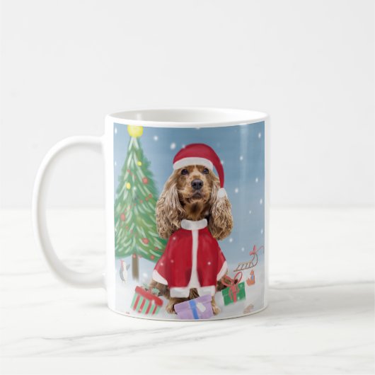 Cocker Spaniel Dog in sneeuw met kerstcadeaus Koffiemok (Links)
