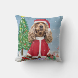 Cocker Spaniel Dog in sneeuw met kerstcadeaus Kussen
