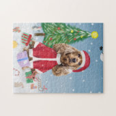 Cocker Spaniel Dog in sneeuw met kerstcadeaus Legpuzzel (Horizontaal)