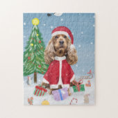 Cocker Spaniel Dog in sneeuw met kerstcadeaus Legpuzzel (Verticaal)