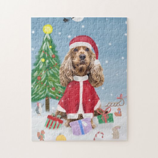 Cocker Spaniel Dog in sneeuw met kerstcadeaus Legpuzzel (Verticaal)