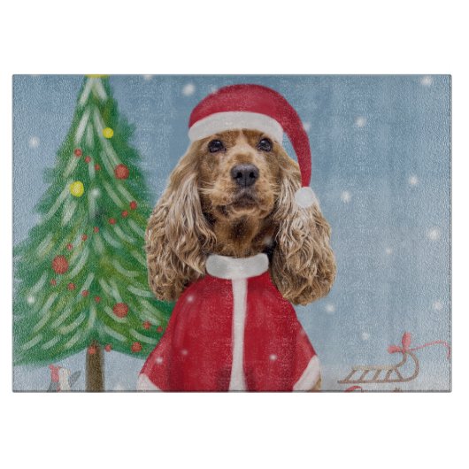 Cocker Spaniel Dog in sneeuw met kerstcadeaus Snijplank (Voorkant)