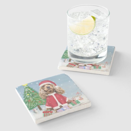 Cocker Spaniel Dog in sneeuw met kerstcadeaus Stenen Onderzetter (Zijkant)