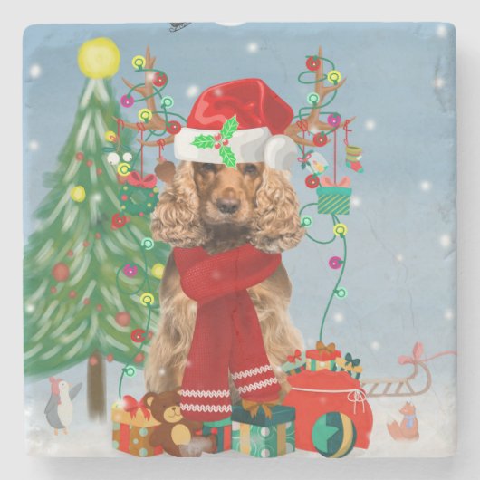 Cocker Spaniel Dog in sneeuw met kerstcadeaus Stenen Onderzetter (Voorkant)
