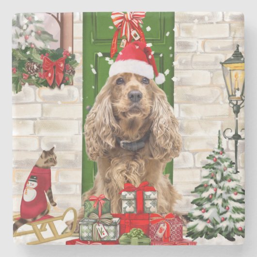 Cocker Spaniel Dog Kerstmis Stenen Onderzetter (Voorkant)