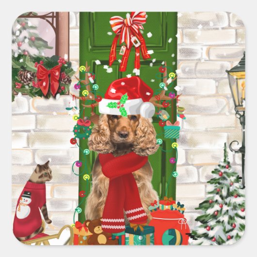 Cocker Spaniel Dog Kerstmis Vierkante Sticker (Voorkant)
