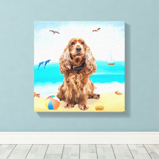 Cocker Spaniel Dog op strand Canvas Afdruk (Insitu (Houten vloer))