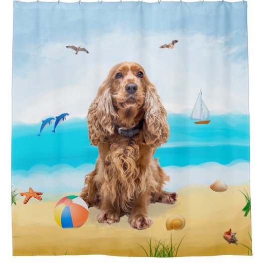 Cocker Spaniel Dog op strand Douchegordijn (Voorkant)