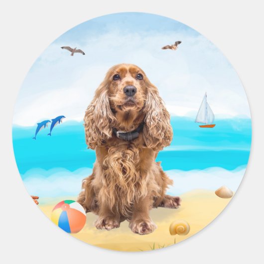Cocker Spaniel Dog op strand Ronde Sticker (Voorkant)